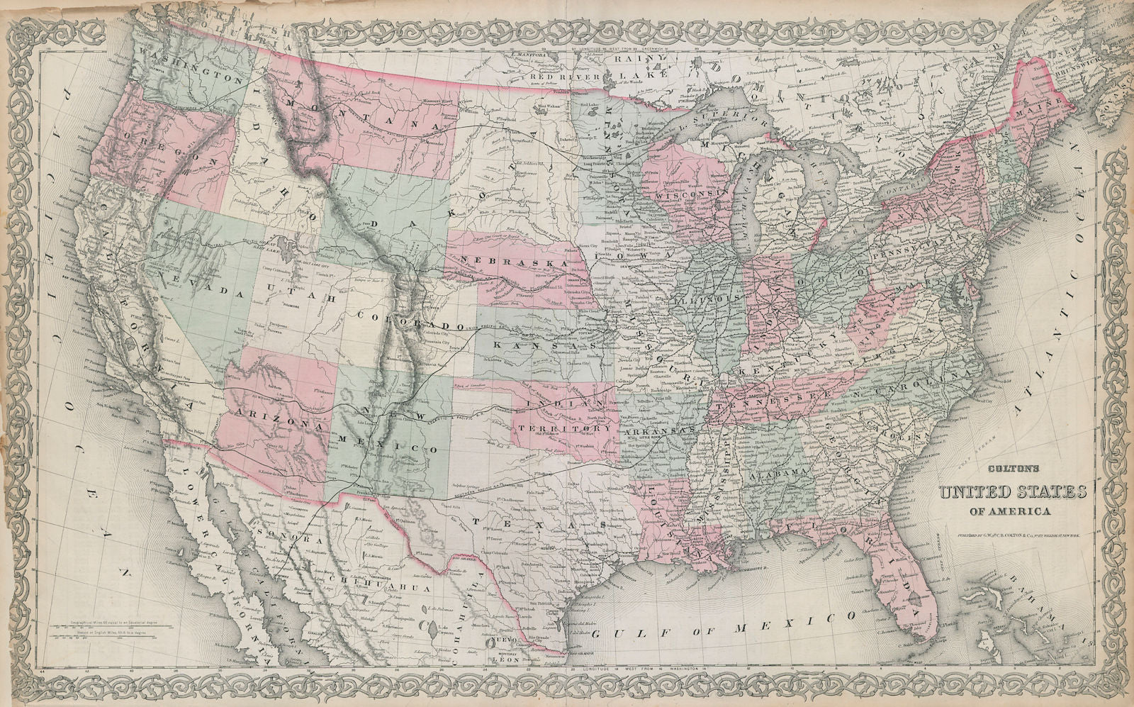 Colton's United States of America. Dakota & Wyoming merged. Railroads 1869 map